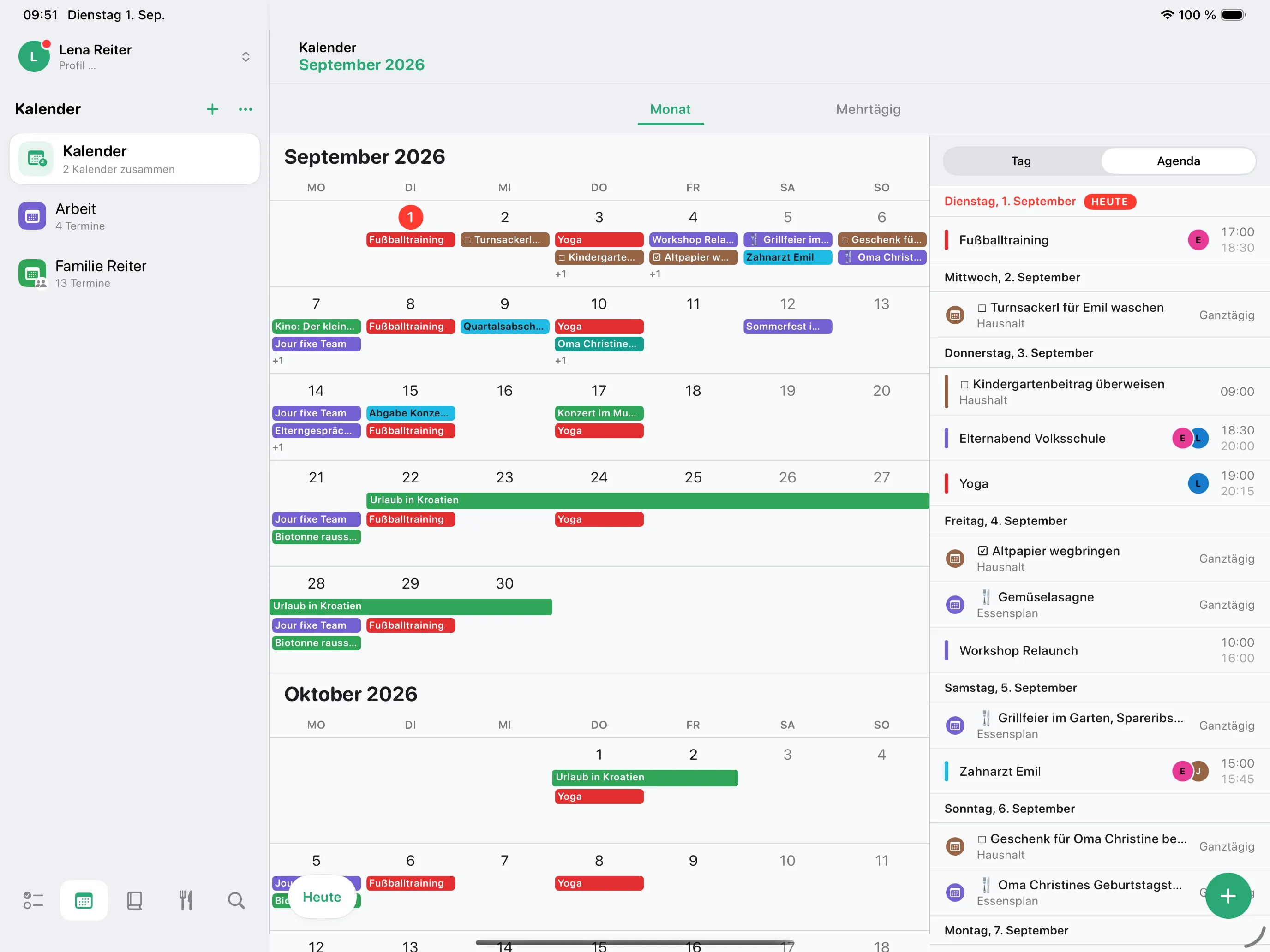 iPad-Kalender mit Monatsübersicht und Agenda