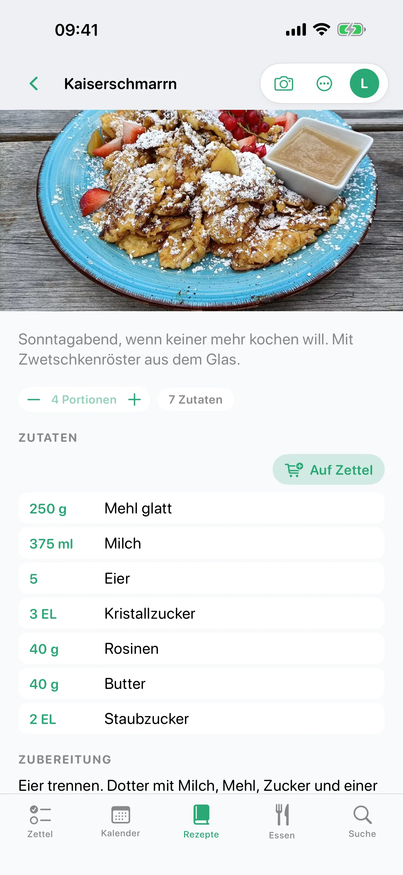 Rezept Kaiserschmarrn mit Zutaten und Portionsauswahl