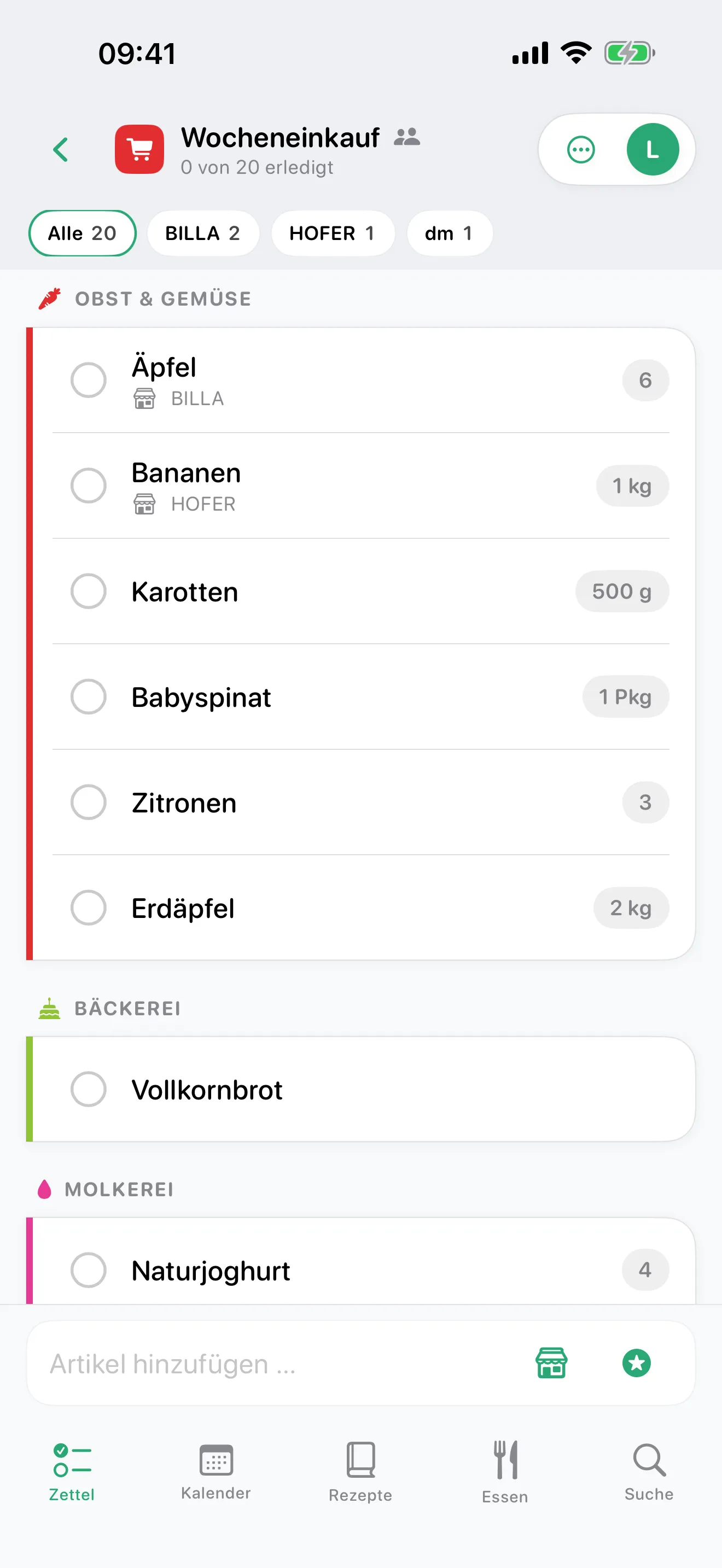 Zutaten auf dem gemeinsamen Einkaufszettel