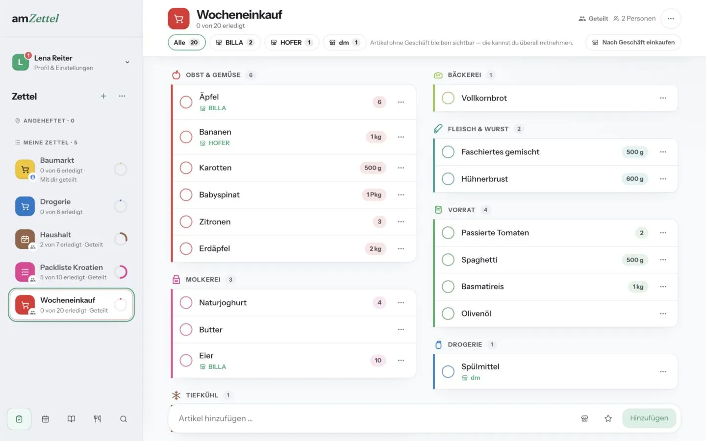 Einkaufszettel in der Web-App